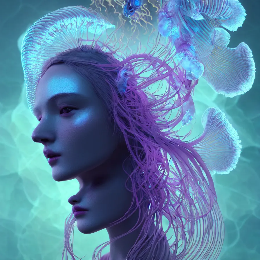 Image similar to goddess close-up portrait. orchid jellyfish phoenix head, nautilus, skull, betta fish, bioluminiscent creatures, intricate artwork by Tooth Wu and wlop and beeple. octane render, trending on artstation, greg rutkowski very coherent symmetrical artwork. cinematic, hyper realism, high detail, octane render, 8k