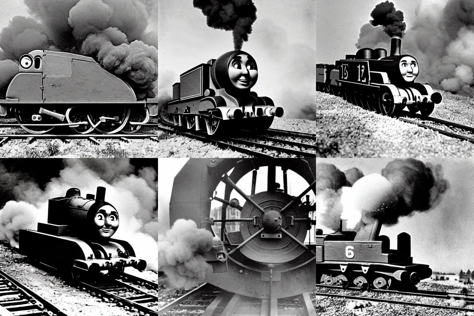 Prompt: WW2 era photograph, the face of Thomas the tank engine on a 800mm German rail artillery Schwere-Gustav firing off a shot