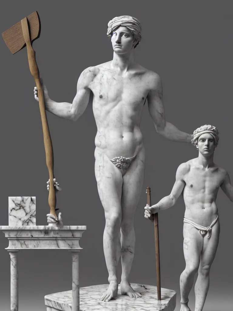 Prompt: a full body image of a twenty - something michelangelo standing in contrapposto wearing peasant clothing of the renaissance. a chisel and mallet sit on a table nearby. a large block of marble dominates the background. photorealistic, hyperdetailed, studio lighting, octane render, caustics