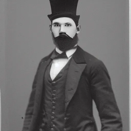 Image similar to A photograph portrait of Jerma985 in the mid-late 1800s with a top hat and beard, taken in the mid-late 1800s, grainy, taken on a Field View Camera, realistic, hyperrealistic, very realistic, highly detailed, very detailed, extremely detailed, detailed, digital art, trending on artstation