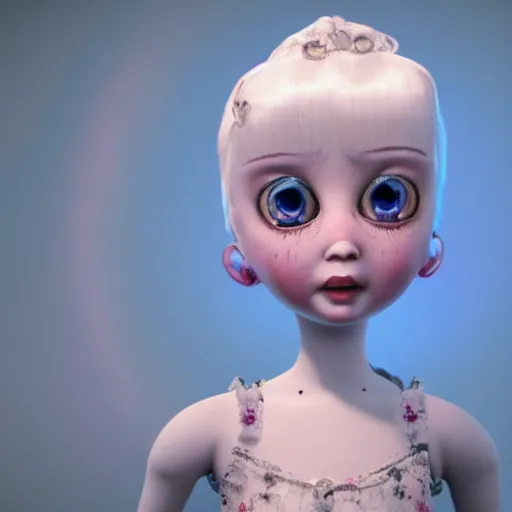 Prompt: a 3d rendered animated movie poster about eerily beautiful old cracked porcelain fashion dolls with white hair and light blue eyes, rendered in renderman, dramatic lighting, fine details, horror, by pixar