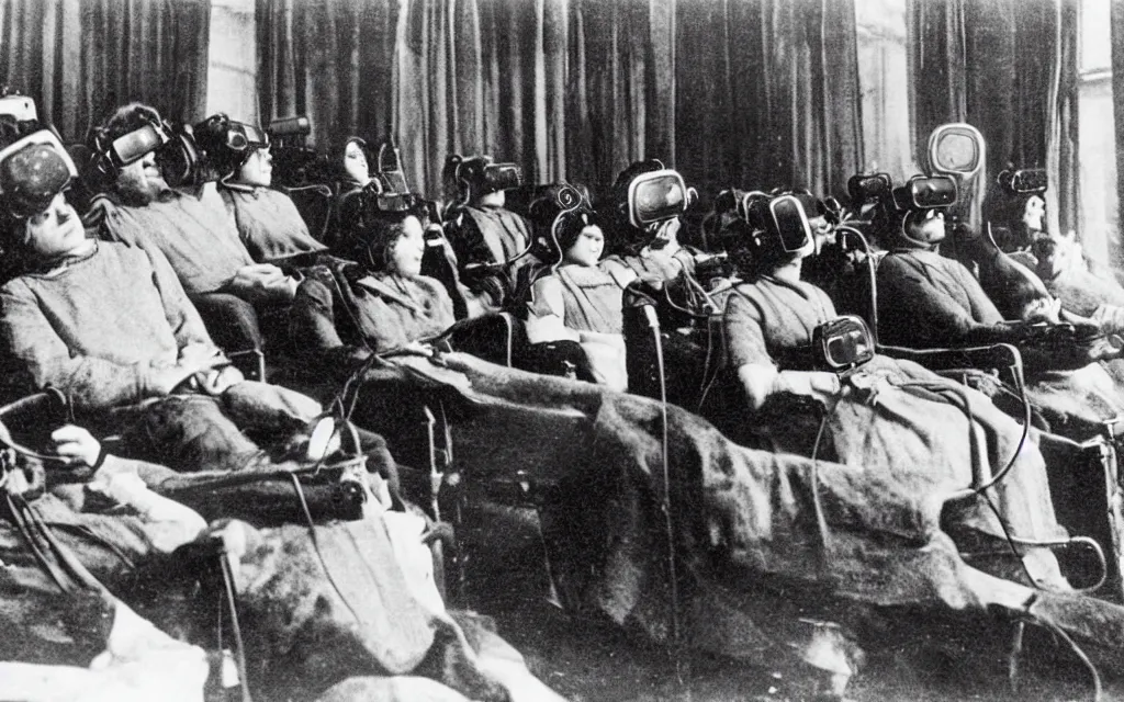 Prompt: 1 9 0 0 s photo of people using iphones ipods virtual reality headsets vr watching hd tv in a movie theater intravenous tube in their arms