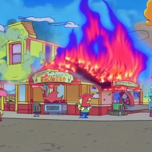 Image similar to The Krusty Krab on fire as a still from an episode of spongebob