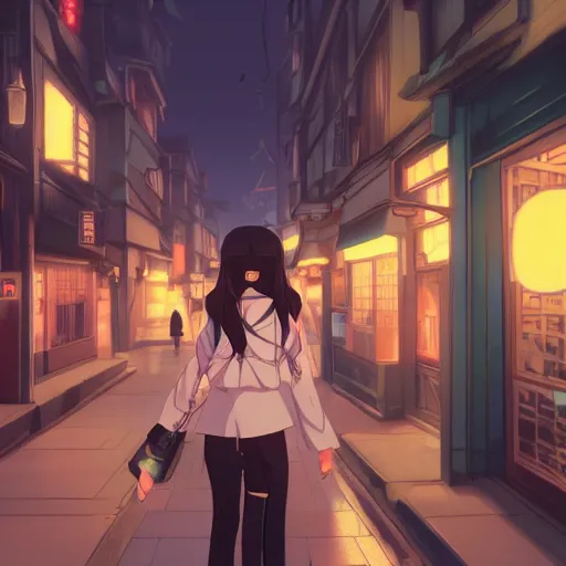 Image similar to a beautiful girl with dark hair walking down a japanese style street, ambient lighting, dynamic lighting, 4k, official media, anime key visual, makoto shinkai, ilya kuvshinov, rossdraws, detailed, trending on artstation