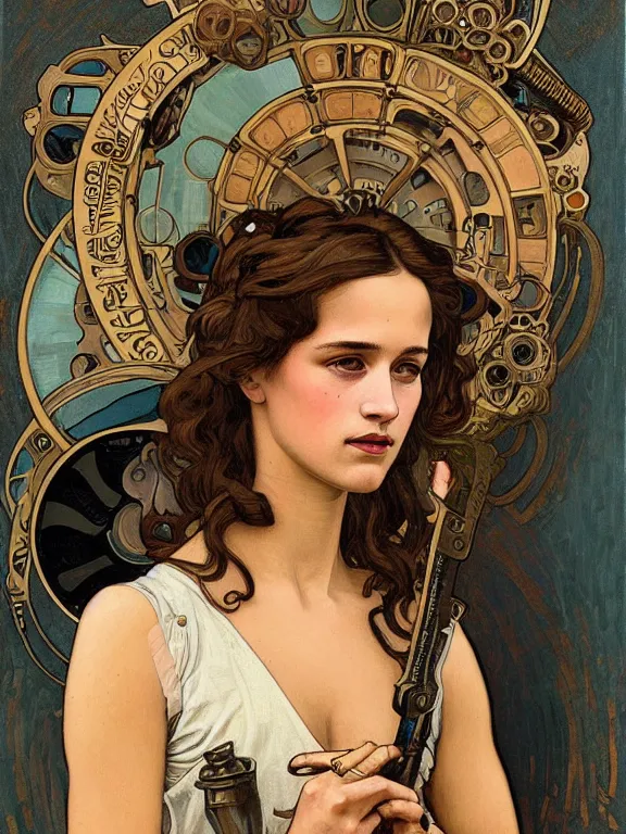 Prompt: an art nouveau style head and shoulders portrait oil painting of a pretty young alicia vikander as a mechanic in a dirty coveralls holding a wrench, in front of a round, complex rotary airplane engine, intricate, detailed, smooth, complex, elaborate, by alphonse mucha and james gurney and john william waterhouse