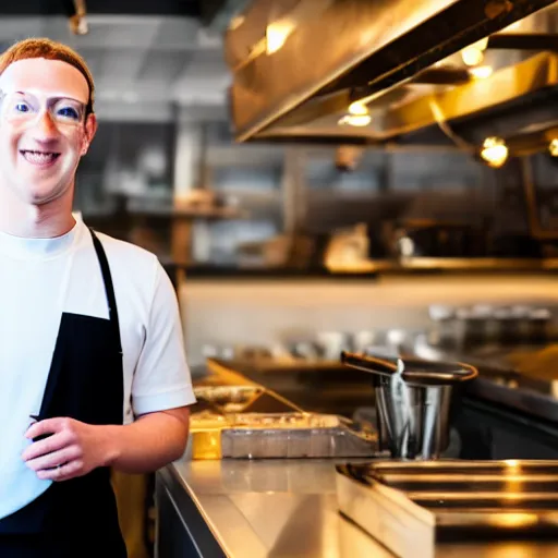 Prompt: Mark Zuckerberg as a restaurant chef EOS-1D, f/1.4, ISO 200, 1/160s, 8K, RAW, unedited, symmetrical balance, in-frame, Photoshop, Nvidia, Topaz AI