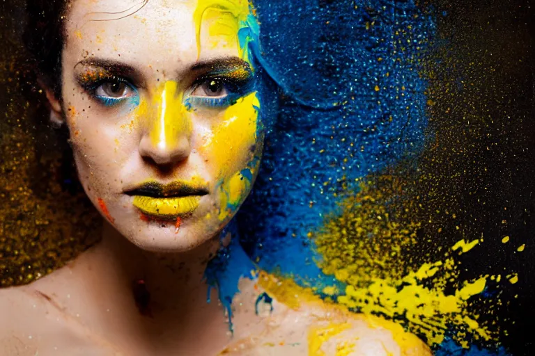 Prompt: a highly detailed cinematic headshot portrait photograph of a woman with a dripping paint face, with blue and orange and yellow paint splash, liquid, ultra realistic, beautiful rim lighting, by richard avedon and annie leibovitz and arnold newman, photorealistic, hyperrealistic, octane, hasselblad camera, zeiss lens, sharp focus, paint splash