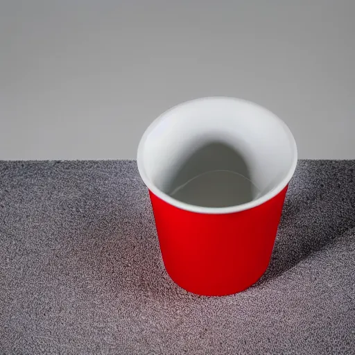 Prompt: an ultra high definition professional studio photograph, 5 0 mm f 1. 4 iso 1 0 0. the photo is set in a plain white room with a plain white plinth centrally located. the photo depicts an object on the plinth. the object is a cup. the cup is red.