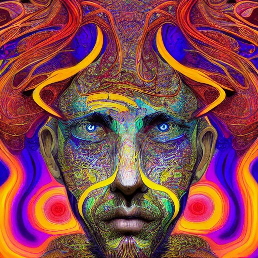 Prompt: a digital painting of a man's face, digital art by android jones and amanda sage, behance contest winner, psychedelic art, biomorphic, rendering in intricate poster art, tarot card lovecraftian, outlined art