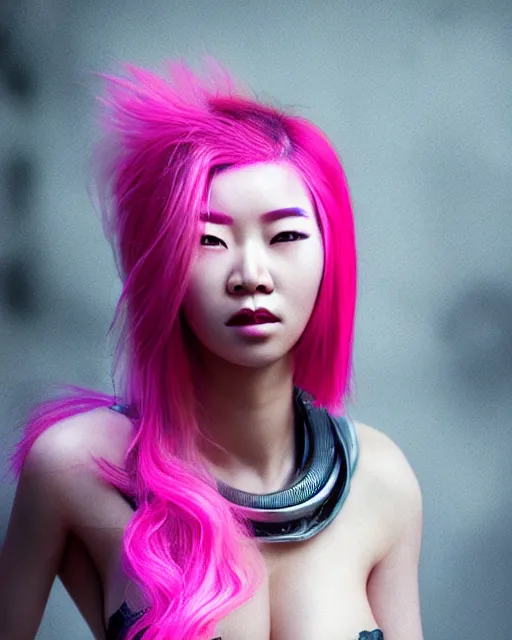 Image similar to portrait of a beautiful asian woman with pink hair as a cyberpunk cyborg half robot, sci - fi, missing panels, intricate abstract upper body intricate artwork, concept art, octane render, deviantart, cinematic, key art, hyperrealism, iridescent accents, portrait photograph, nikon 3 5 mm, photograph by greg rutkowski