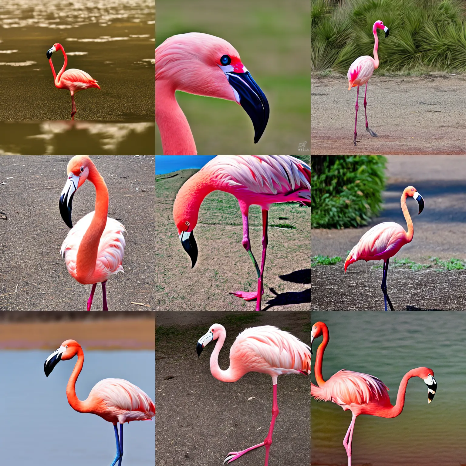 Prompt: a flamingo with its beak right in the camerafish eye lens, ultra wide angle, outdoors