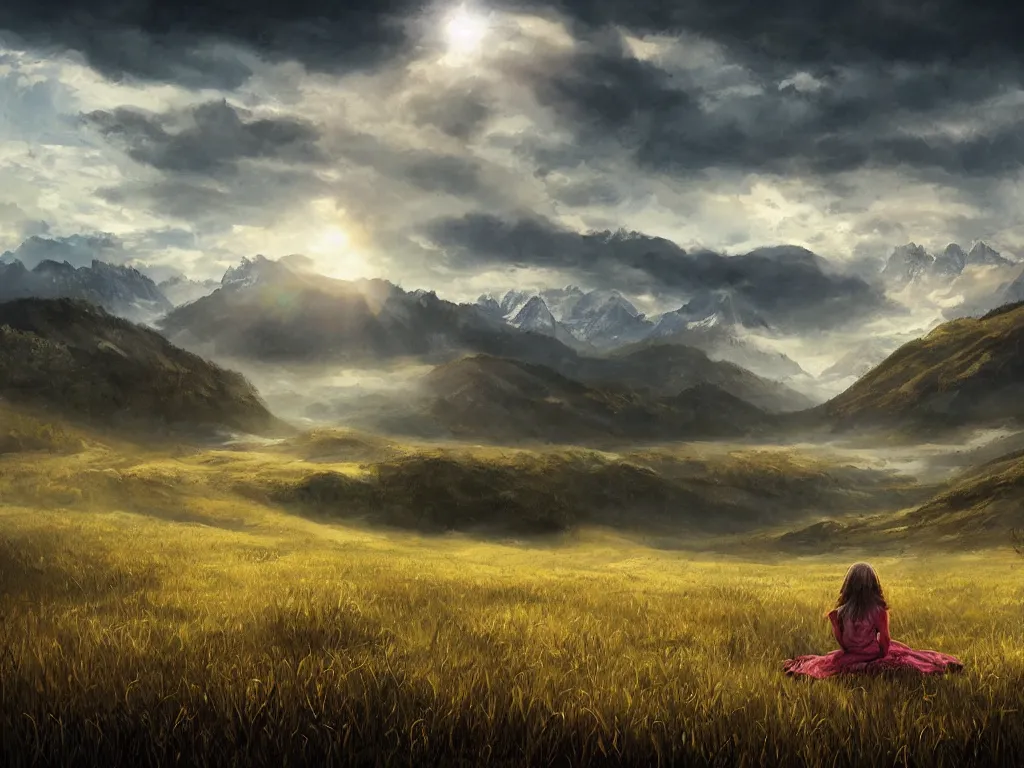 Prompt: a cinematic landscape view looking at an open field, a girl sits in the field looking at the sky, mountains in the distance with a river running down, the sun shines through the parted clouds, digital painting, fantasy, art by alexandre mahboubi and christophe oliver