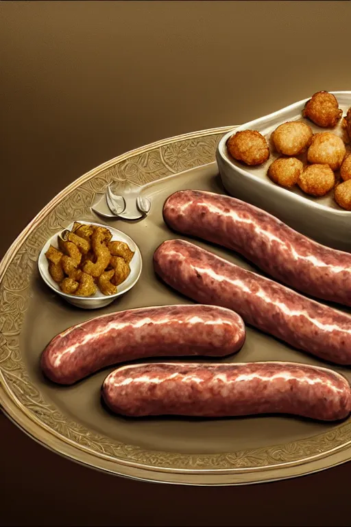 Prompt: plate full of sausage, nugget and other frozen food!!, intricate, elegant, highly detailed, digital painting, artstation, concept art, smooth, sharp focus, illustration, art by ortner and mike dargas and marco grassi, 8 k