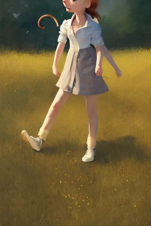 Image similar to a cute anthropomorphic rat girl wearing human clothes walking in a meadow, by craig mullins, detailed digital painting realism 8 k