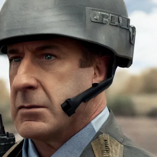 Image similar to Movie still of Saul Goodman wearing modern modern modern heavy military gear, highly detailed, 4k