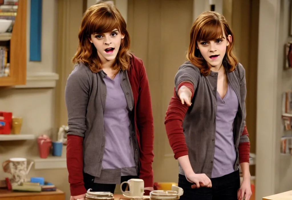 Image similar to emma watson as penny from the big bang theory episode 1, stills from the sitcom