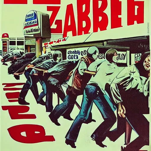 Image similar to A 1980s poster of a gas station being overrun with zombies