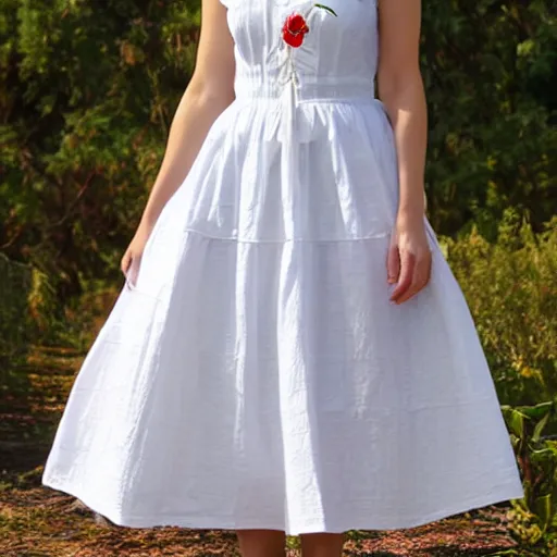 Prompt: a wonderful lady with a white long roses cotton dress