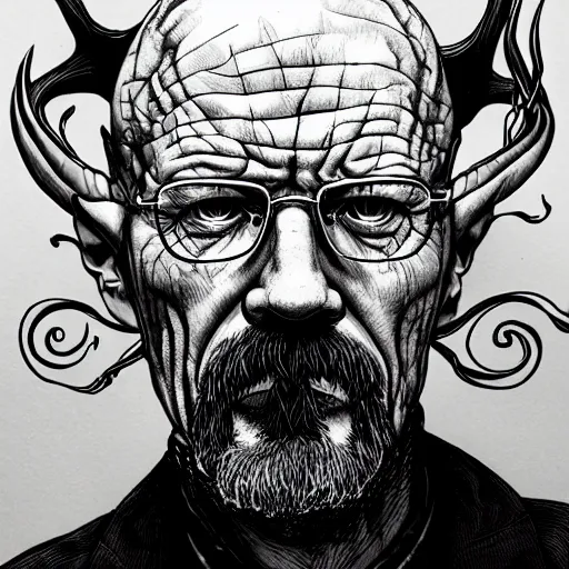 Image similar to Walter White as a Lovecraftian monster, detailed, portrait, intricate, illustration, ink drawing by Kim Jung Gi, hyperdetailed, trending on artstation, highly detailed, Aaron Horkey
