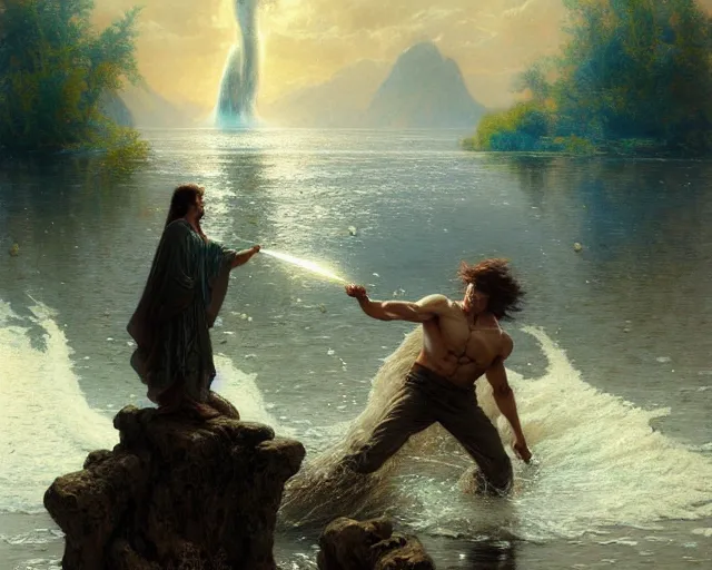 Image similar to attractive male wizard casting powerful giant tsunami spell in a beautiful lake. highly detailed painting by gaston bussiere, craig mullins, j. c. leyendecker 8 k