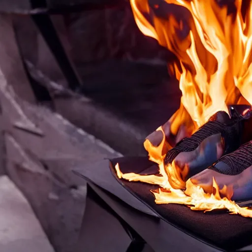 Image similar to balenciaga shoes being set on fire, engulfed in flames