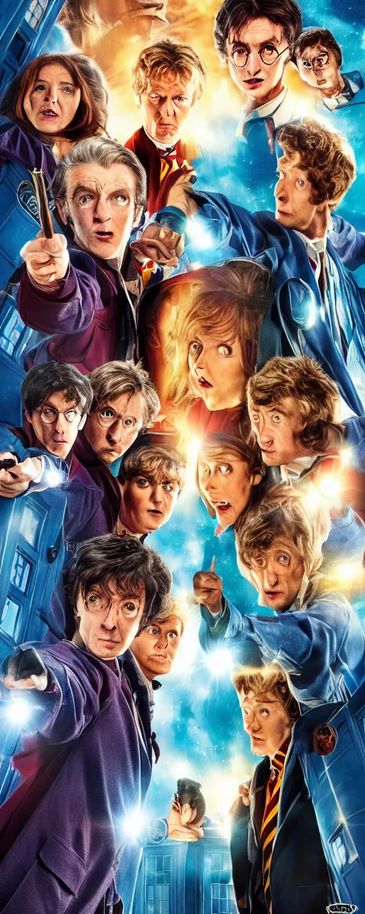 Image similar to a poster for a movie called humanity savers, showing harry potter and dr. who in front of tardis blue phone booth, vivid colors, high resolution, 8 x