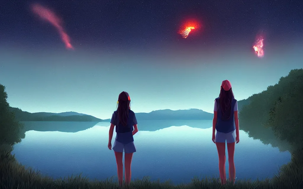 Image similar to girl staring at a meteorite hitting a calm lake at night by wlop, low poly art, ultra detailed color art, high detail, digital art