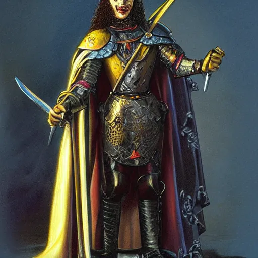 Image similar to HD character illustration high detail by Michael Whelan of %Geddy Lee% as a medieval warlock-knight.