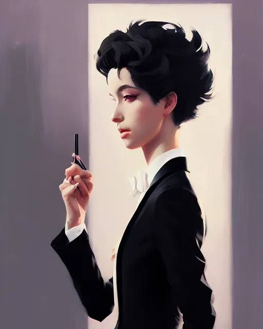 Image similar to a ultradetailed beautiful portrait panting of a stylish woman wearing a black tuxedo, oil painting, by ilya kuvshinov, greg rutkowski and makoto shinkai, trending on artstation