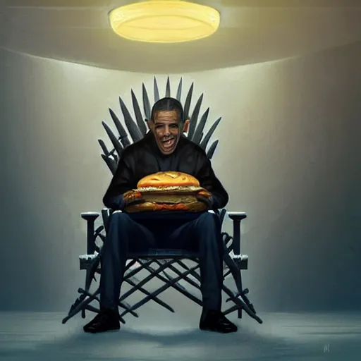 Image similar to barrack obama eating a cheese burger sitting on the iron throne, highly detailed, digital painting, artstation, concept art, global illumination, ray tracing smooth, sharp focus, illustration, art by artgerm and greg rutkowski and makoto shinkai, jeremy lipkin