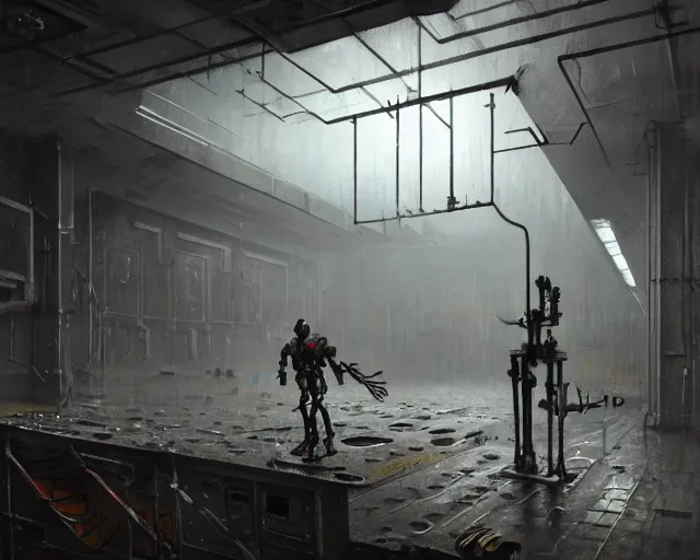 Image similar to gloomy ruined server room in datacenter robot figure automata rusty steel robot knight colossus welder posing pacing fixing soldering mono sharp focus, emitting diodes, smoke, artillery, sparks, racks, system unit, motherboard, by pascal blanche rutkowski repin artstation hyperrealism painting concept art of detailed character design matte painting, 4 k resolution blade runner