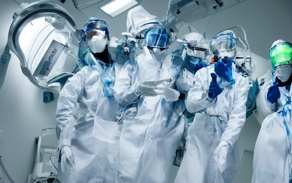 Image similar to medical, diverse medical cybersuits team, heart operation, clean green, visor, macro, biological, wide wide angle, vivid, elaborate, highly detailed, hospital lighting