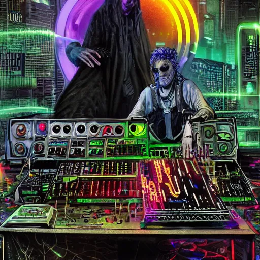 Prompt: cyberpunk goth homeless man cyborg playing a cyberpunk moog synthesizer at cyberpunk farmers market by william barlowe and pascal blanche and tom bagshaw and elsa beskow and enki bilal and franklin booth, neon rainbow vivid colors smooth, liquid, curves, very fine high detail 3 5 mm lens photo 8 k resolution