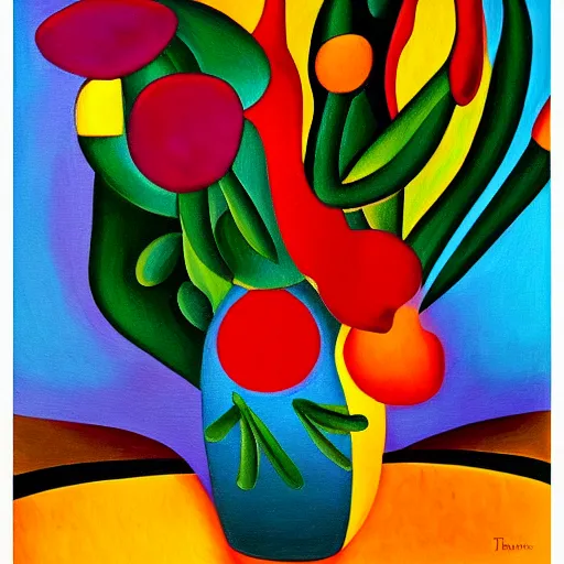 Prompt: a painting of flowers in a vase on a table, an art deco painting by tarsila do amaral, behance, neo - fauvism, fauvism, oil on canvas, acrylic art