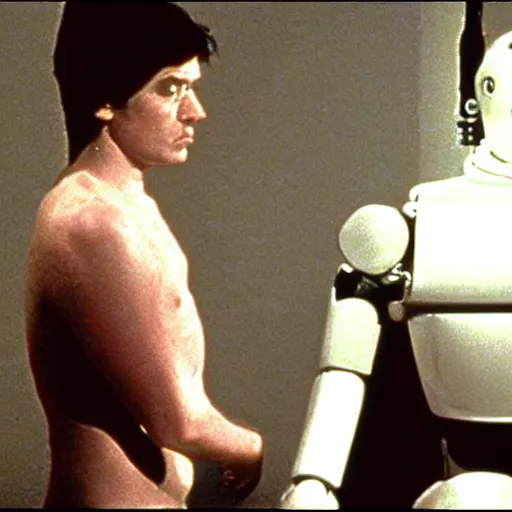 Image similar to a man and a robot in a moment of jealousy, movie still, Movie by Andrzej Zulawski and David Lynch