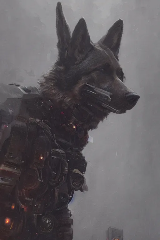 Prompt: new york city portrait of furry anthro anthropomorphic german shepard head animal person fursona wearing clothes strange cybernetic augmentations cyber muzzle gloomy rainy cyberpunk digital art by Greg Rutkowski, Simon Stalenhag, trending on Artstation, CGSociety