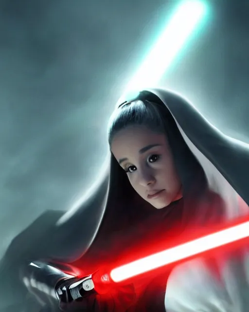 Image similar to Award winning, beautiful photo of Ariana Grande as a Sith lord igniting her light saber, Star Wars concept art by Colin Cantwell, Dramatic Lighting, Cinematic Lighting, Artstation, volumetric fog, action photography, hyper-realistic, 8K resolution, 4K resolution