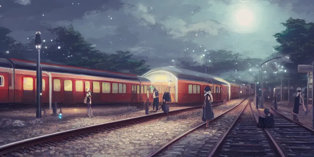 Image similar to at a train station, evening, detailed matte painting, low angle view, telephoto lens, bokeh, studio ghibli, artstation