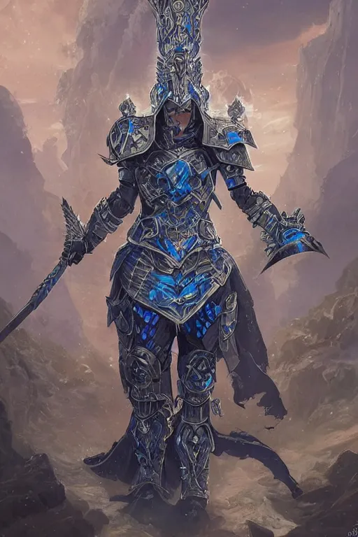 Prompt: Fantasy Paladin with tower shield wearing an intricate azure wolf themed full plated armor, moonlit, HD, illustration, epic, D&D, fantasy, intricate, elegant, highly detailed, digital painting, artstation, concept art, smooth, sharp focus, illustration, art by artgerm and greg rutkowski and alphonse mucha