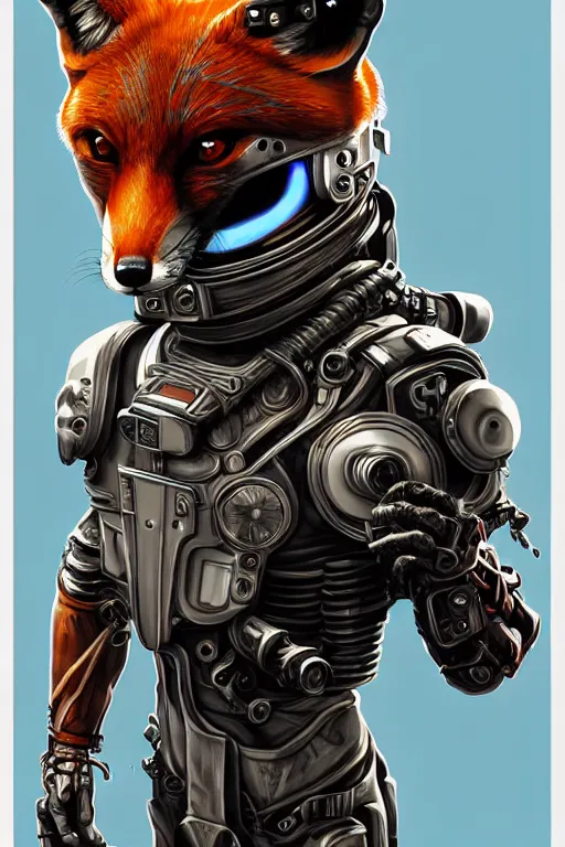 Image similar to a portrait of a muscular anthropomorphic cyberpunk fox lizard with big head in spacesuit armor with ensignia on chest plate by sandra chevrier, by jon foster, detailed render, pistol in holster, tape deck, epic composition, cybernetics, 4 k realistic, cryengine, realistic shaded lighting, sharp focus, masterpiece, by enki bilal