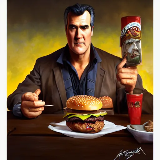 Prompt: portrait of bruce campbell eating hamburgers, extra onions and ketchup, luscious patty with sesame seeds, ethereal, handsome, d & d, fantasy, intricate, elegant, highly detailed, digital painting, artstation, concept art, matte, sharp focus, illustration, art by artgerm and greg rutkowski and alphonse mucha