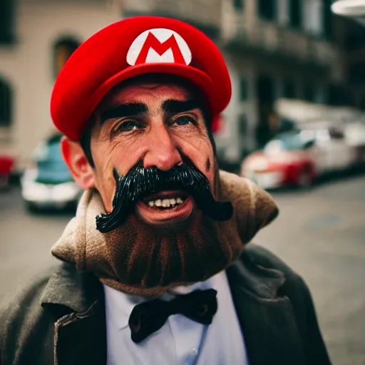 Image similar to an Italian man with a mustache dressed as Mario wearing a solid red Mario hat drooling, eyes rolled back, excited about a Magic Mushroom he just found 50mm lens, f1.8.