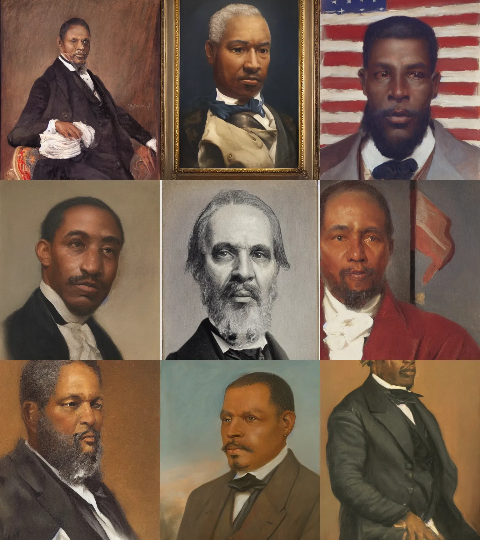 Prompt: facial portrait of the united states president, 1 8 6 7. a black man from louisiana. american flag in background. oil on canvas by william sidney mount, trending on artstation