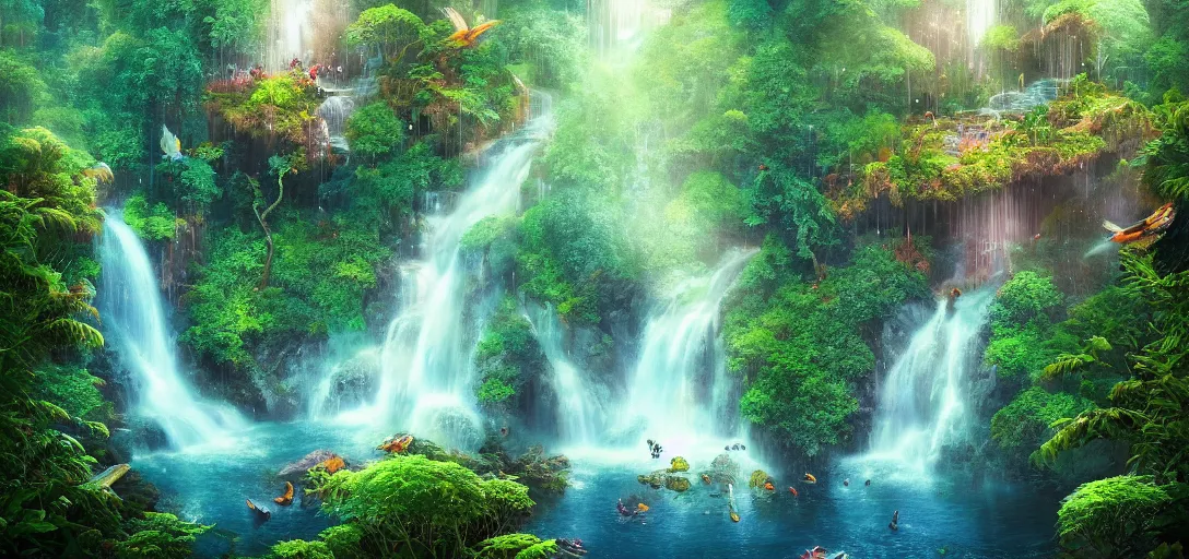 Prompt: beautiful view from the treetops of a fantasy forest waterfall, birds, droplets, waves, caustics, symmetry, dramatic lighting, ultra detailed, sharp, ambient occlusion, bloom, raytracing, vibrant, vivid colors, picturesque, by dylan cole and jordan grimmer