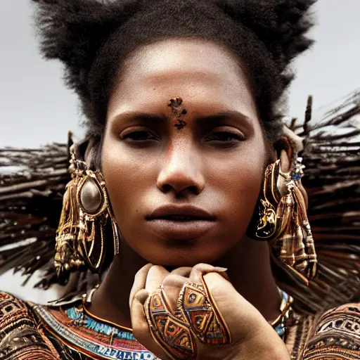 Image similar to portrait of a stunningly beautiful tribal female, depth of field, zeiss lens, detailed, symmetrical, centered, fashion photoshoot, by Annie Leibovitz and Steve McCurry, David Lazar, Jimmy Nelsson, Breathtaking, 8k resolution, extremely detailed, beautiful, establishing shot, artistic, hyperrealistic, beautiful face, octane render