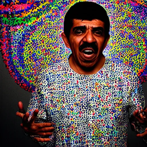 Prompt: omar souleyman in the style of daniel johnston and outsider art, 4k, overlaid with arabic letters