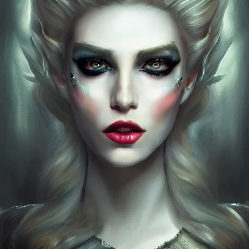 Image similar to painting of a gorgeous self conscious, disparaging female villain in the style of lise deharme, hyperrealistic eyes with natural makeup, very elaborate abundant hairstyle, low contrast, silk skin, low angle