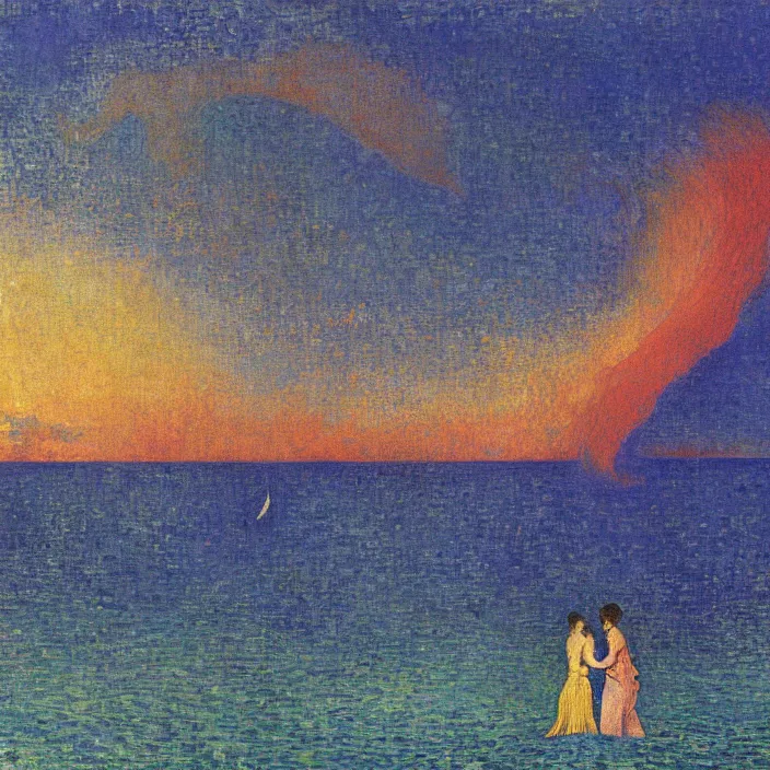 Image similar to close view of woman and man kissing at the edge of the ocean with tsunami great wave sun setting through the storm clouds. lapis - lazuli. iridescent, vivid psychedelic colors. painting by jean delville, ciurlionis mikalojus konstantinas, schiele, henri de toulouse - lautrec, utamaro, monet