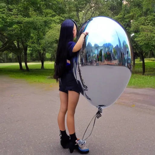 Image similar to chrome girl holding chrome balloon:: wide angle:: full body shot