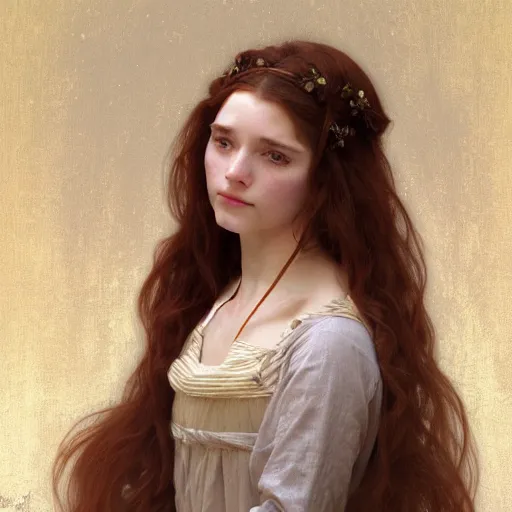 Image similar to Portrait of beautiful pale peasant girl, cinematic lighting, intricate, elegant, highly detailed, digital painting, artstation, smooth, sharp focus, illustration, art by artgerm and greg rutkowski and alphonse mucha and Wayne Barlowe and william-adolphe bouguereau